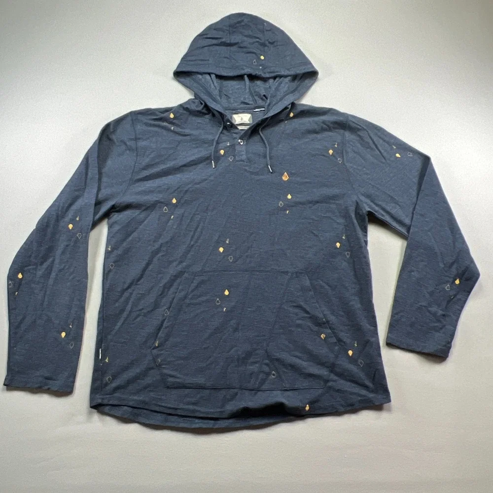 Volcom Hoodie Men XL Heather Blue Paint Splatter Cotton Kangaroo Pocket Pullover